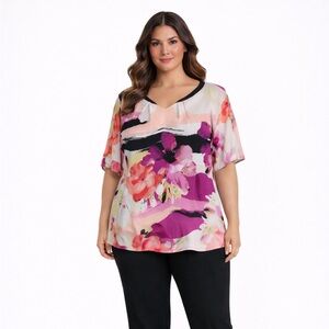 Worthington Pink Floral Abstract Blouse Short Sleeve Relaxed Fit
